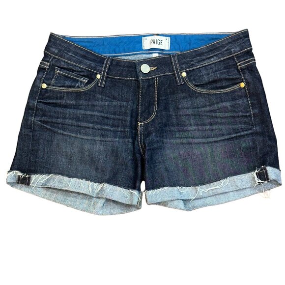 PAIGE Jimmy Jimmy Dark‎ Wash Short Cuffed Denim Jean Shorts Size 25 - Picture 1 of 8